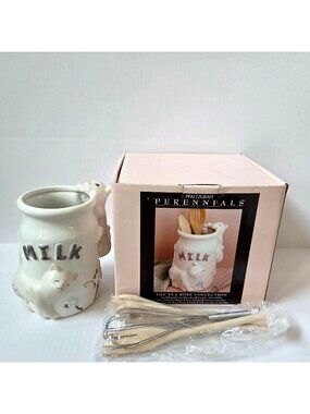 Pfaltzgraff Tea Rose Collection Cat Milk Bottle Utensil Crock w/Utensils NEW